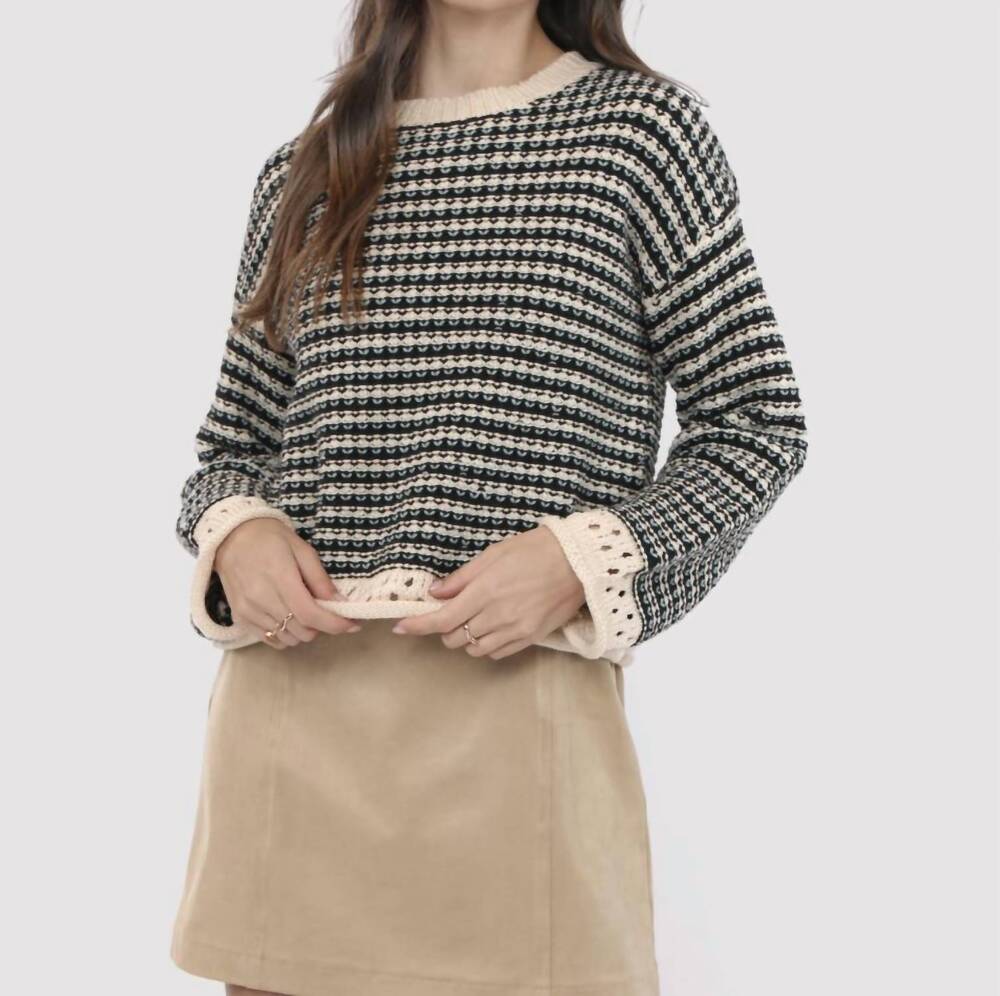 NEW SADIE & SAGE samantha contrast knit striped sweater in black multi